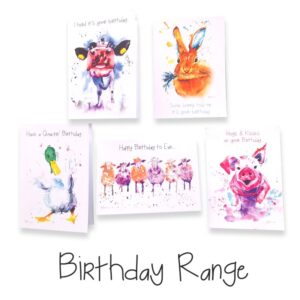 Colourful animal-themed birthday cards display.