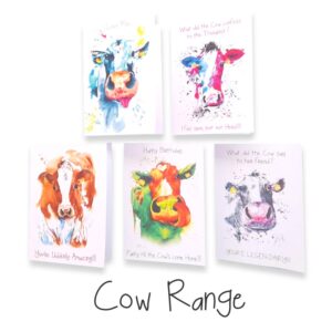 Colourful cow-themed greeting cards, Cow Range collection.