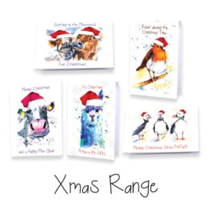 Christmas cards with animals wearing Santa hats.