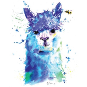 Colourful alpaca with a bee