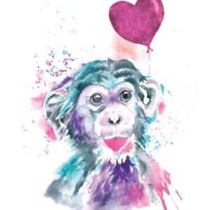 Watercolour monkey with heart balloon artwork
