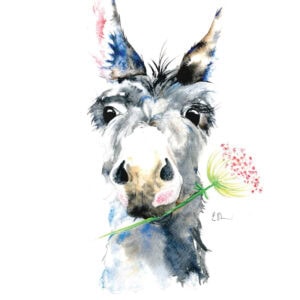 Watercolour donkey with flower in mouth