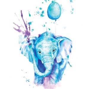 Watercolour elephant with blue balloon