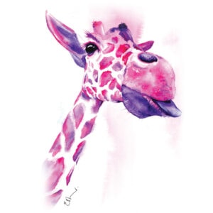 Watercolour painting of a giraffe with tongue out.