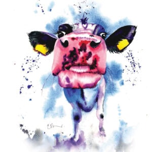 Watercolour cow art, splattered background