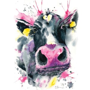 Colourful cow painting with pink and purple splashes.