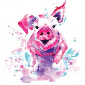 Watercolour painting of a playful pink pig