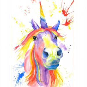 Colourful unicorn painting with rainbow mane.