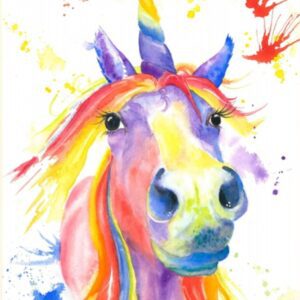 Colourful unicorn portrait in vibrant watercolours.