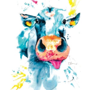 Colourful painting of a cow's face with tongue out.