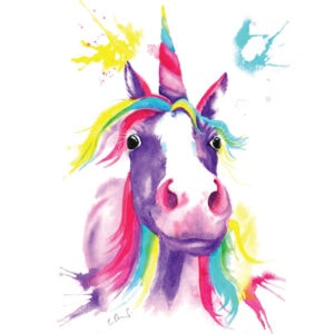 Colourful watercolour painting of a unicorn