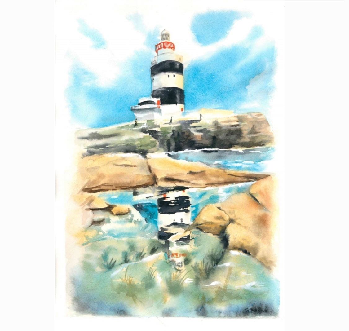 Watercolour of lighthouse reflecting on rocky shore