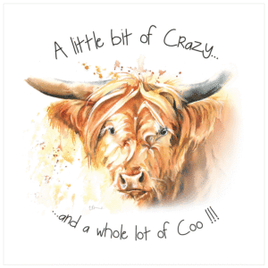 Illustration of a Highland cow with humorous text.